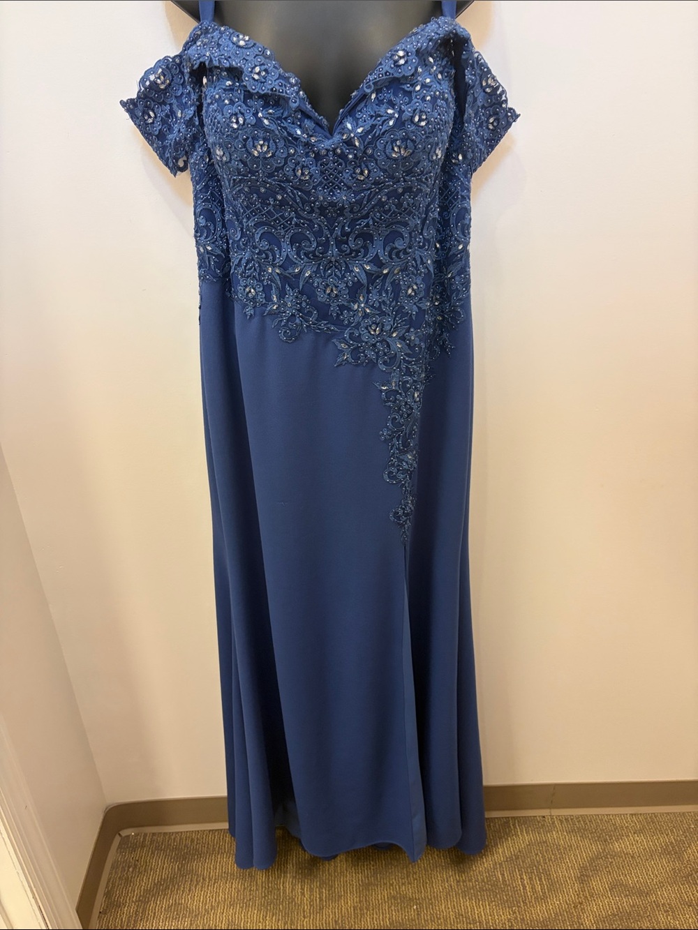 Rina diMontella Beaded Navy Off-Shoulder Evening Gown